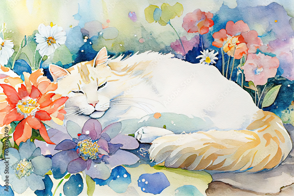 cat in the garden,cat on the grass,flower garden with many flowers blooming,cat and flowers