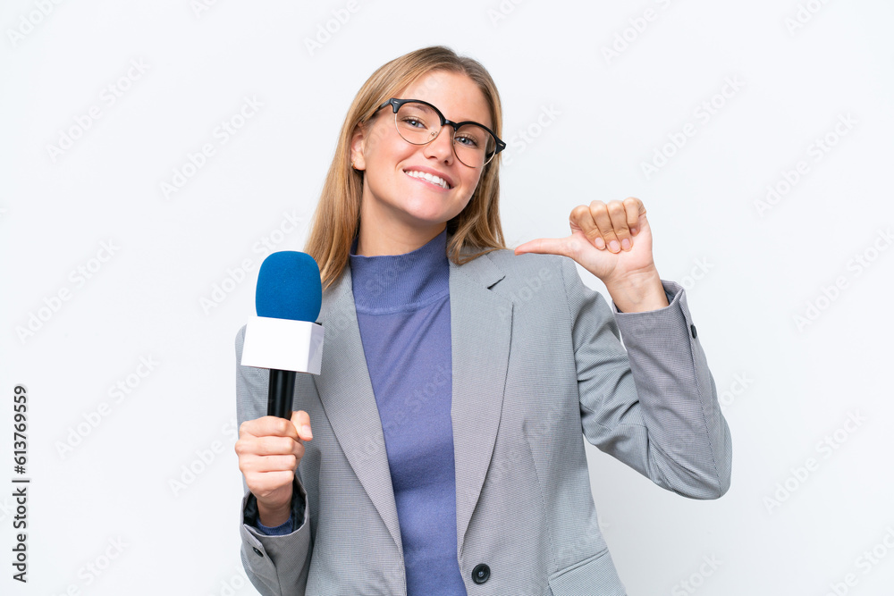 Young TV presenter caucasian woman isolated on white background proud and self-satisfied Young TV presenter caucasian woman isolated on white background proud and self-satisfied