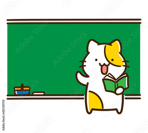 黒板の前で授業をするかわいい先生ねこのデフォルメイラスト