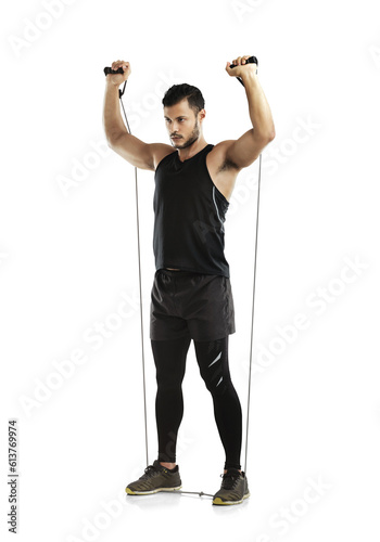 Fototapeta Naklejka Na Ścianę i Meble -  Training, man with a resistance band and fitness isolated against a transparent png background. Workout or exercise, motivation or and male athlete with sportswear practice for health wellness