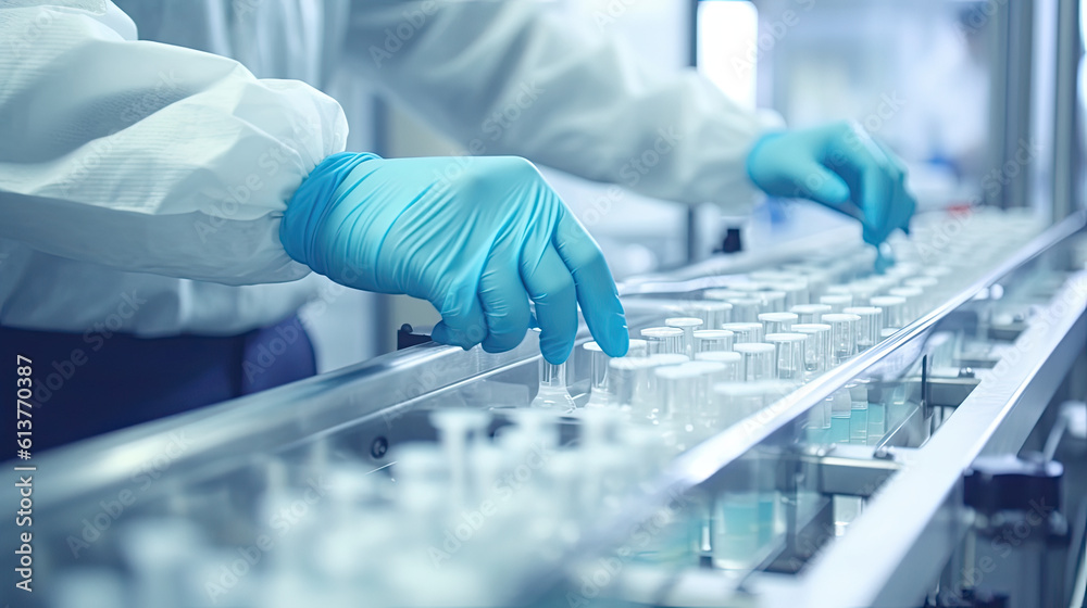 Hand with sanitary gloves check Medical vials on production line at pharmaceutical factory Hand with sanitary gloves check Medical vials on production line at pharmaceutical factory