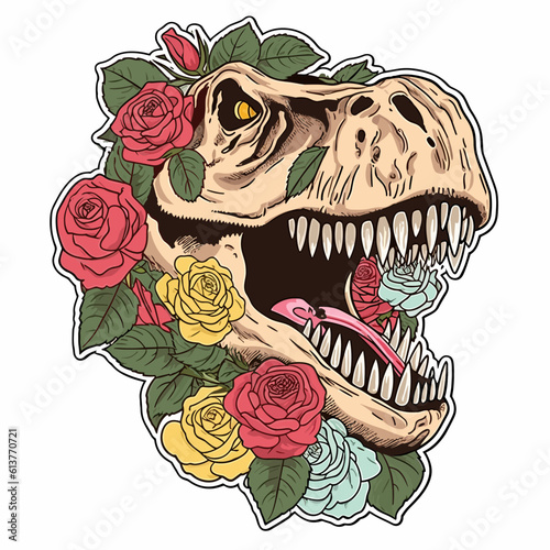 t-rex and roses - dinosaur tattoo and sticker logo - flat vector art
