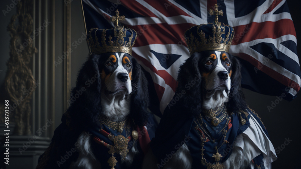 Two dogs with crowns and a British flag in a dark room.