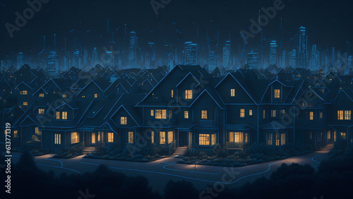 Night city landscape with houses and trees. 3d render illustration.