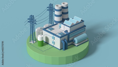 Electricity from lithium batteries, ecology is an energy-saving concept of obtaining free energy from the sun. Eco-friendly smart factory, 3d rendering.