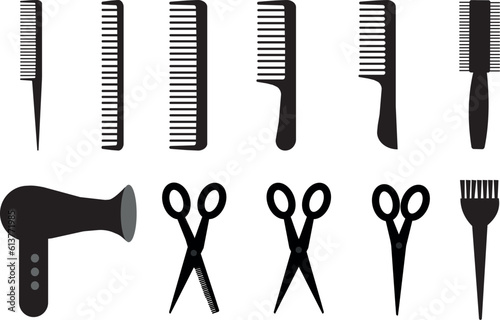 large set for a hairdresser with combs, scissors, hair dryer on transparent background