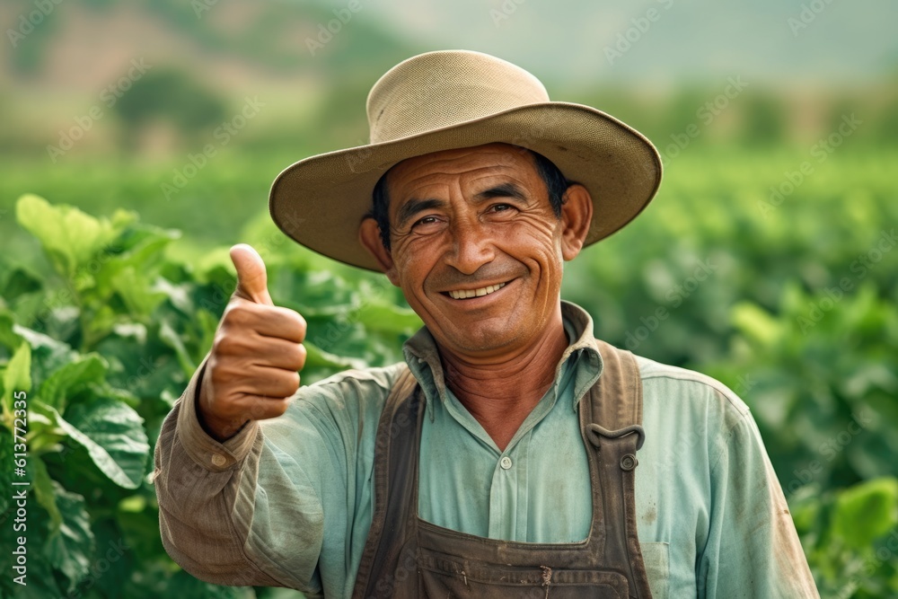 Fototapeta premium Smiling farmer standing in field showing thumb up, AI Generative