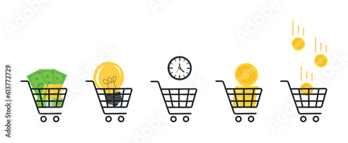 Set with shopping baskets. Shopping cart with paper money, dollars, light bulb, clock, stack of gold coins and falling coins