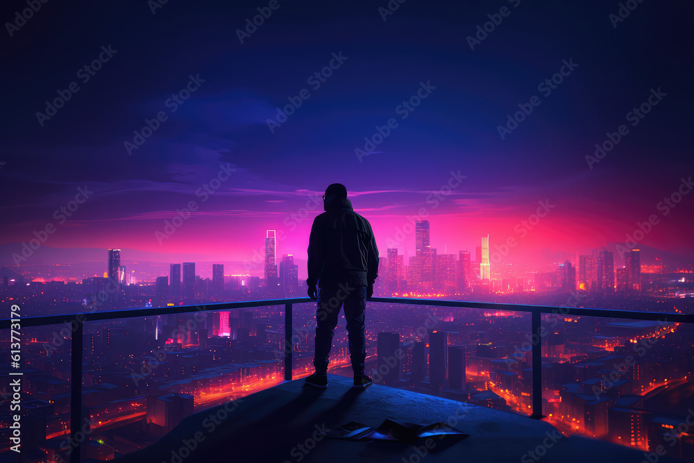 A silhouette standing on the edge of a skyscraper looking out over a bright neon city at night, generative AI
