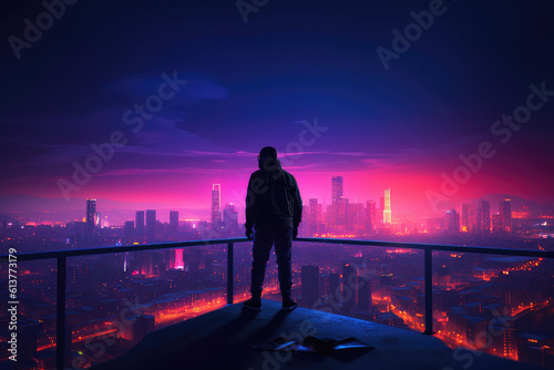 A silhouette standing on the edge of a skyscraper looking out over a bright neon city at night, generative AI
