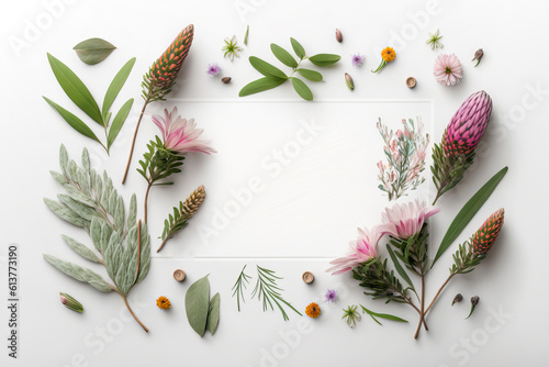 flowers and plants scattered on a white board overhead view,illustration of a background,background with flowers