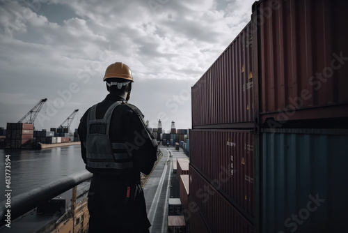 An operator standing at sea port full with cargo container