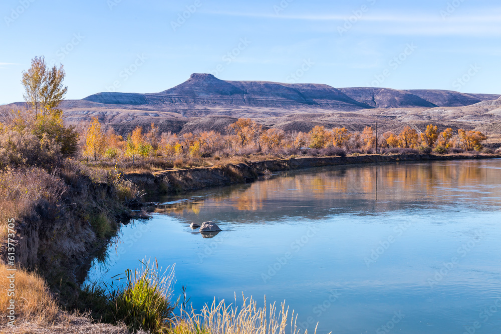 Beautiful autumn river landscape in sunny day. Location is Green River in Wyoming, USA