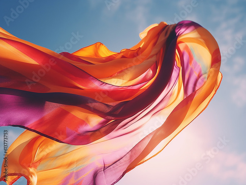 sciarpa di seta che vola nel vento, cielo limpido, concetto di libertà, risorsa grafica, di scialle idi georgette di seta, leggero nell'aria photo