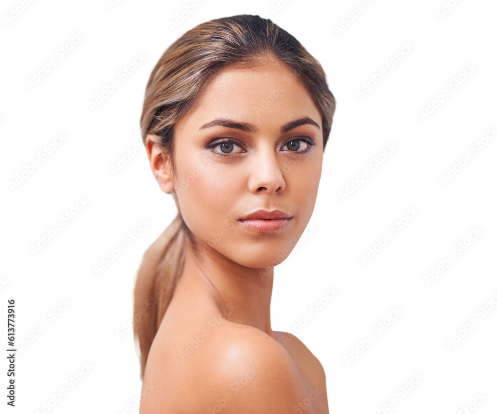 Makeup, cosmetics and portrait of woman with beauty on isolated, png and transparent background. Dermatology, salon aesthetic and face of female person for facial treatment, skincare and wellness