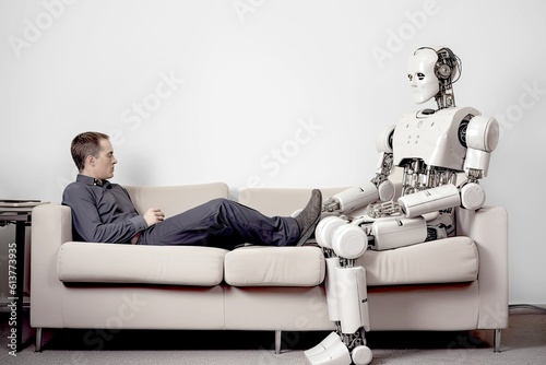Psychological help and support. A man communicates with a psychologist robot. Generative AI.