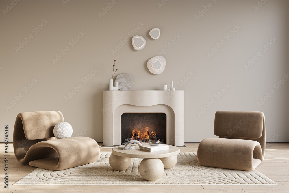 Fireplace in cozy living room interior with warm bright walls and hardwood flooring, 3d rendering  