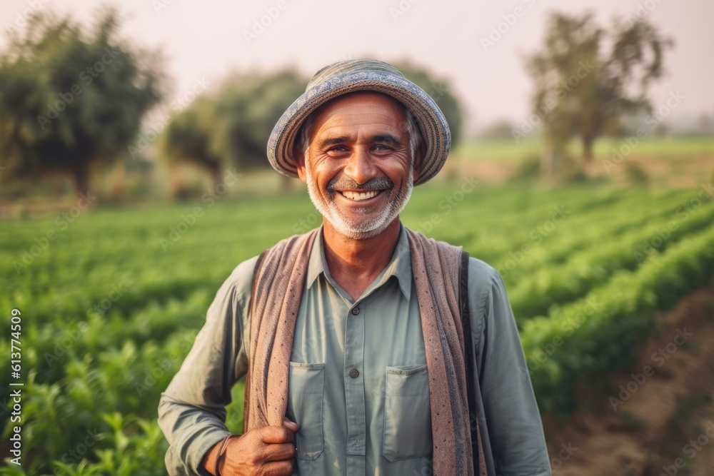 Smiling farmer standing in field , AI Generative