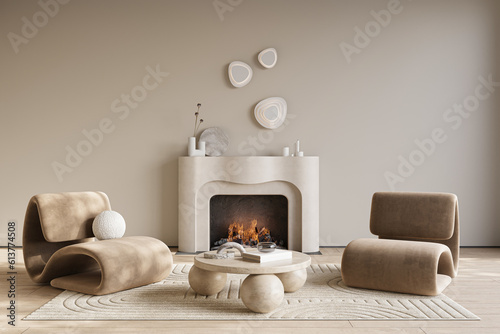 Fireplace in cozy living room interior with warm bright walls and hardwood flooring, 3d rendering   photo