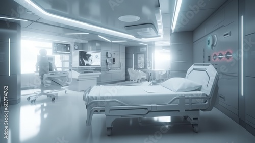 Futuristic white hospital with robots, glass and light. Generated AI