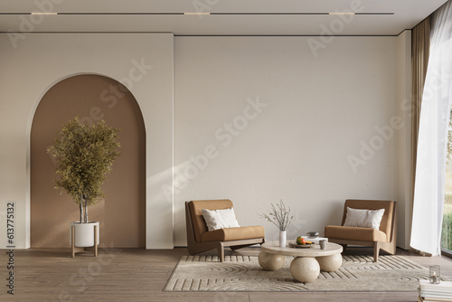 Fotografiet Cozy home interior in light pastel colors with hardwood flooring and arch wall,