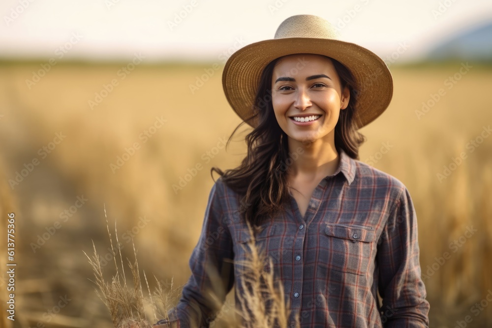 Smiling farmer standing in field , AI Generative