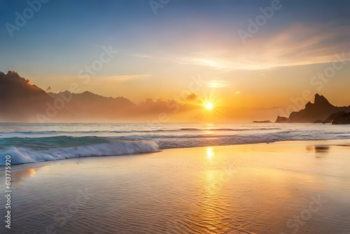 A tranquil beach at sunset  with golden sand  gentle waves  and a vibrant sky.