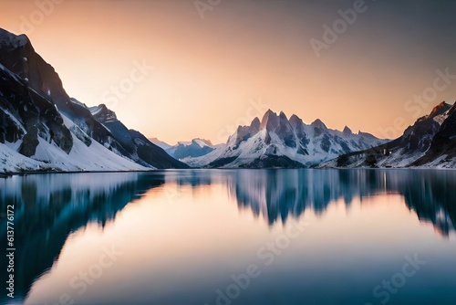 A majestic mountain range  with snow-capped peaks and a clear blue sky.
