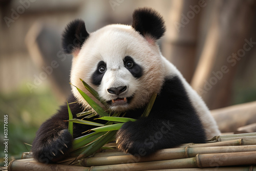 cute panda cub  eating bamboo