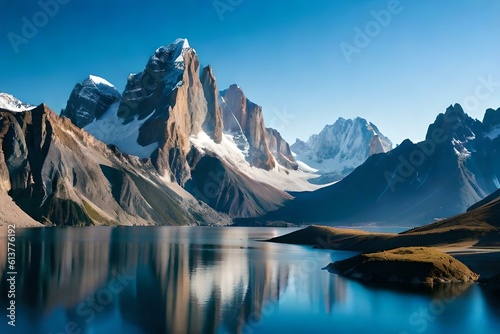 A majestic mountain range, with snow-capped peaks and a clear blue sky.