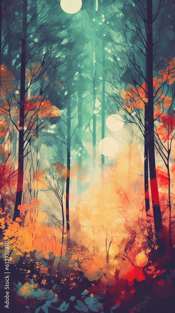 A painting of a forest filled with lots of trees. Generative AI.