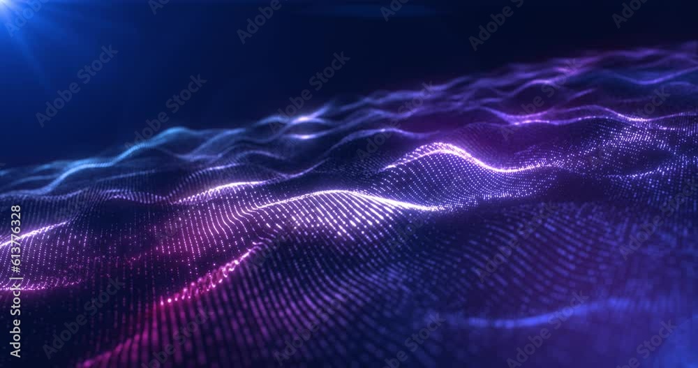 Digital waves from particles. Abstract technological background from dots. Futuristic wavy surface of moving multi-colored particles. Big data visualization. Seamless loop 4k video. Screensaver