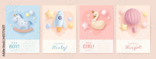 Set of baby shower invitation template with cartoon rocket, hot air balloon, swan and rocking horse. Its a girl, its a boy. Vector illustration