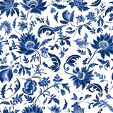Seamless floral pattern, tileable blue and white country style print with flowers for wallpaper, wrapping paper, scrapbook, fabric and product design, generative ai