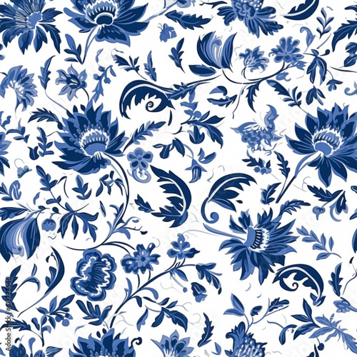 Seamless floral pattern  tileable blue and white country style print with flowers for wallpaper  wrapping paper  scrapbook  fabric and product design  generative ai