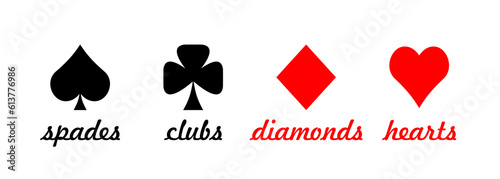 Four Poker playing cards suits symbols. Set of playing card suits. Spades, Hearts, Diamonds, Clubs icons isolated on white. Vector illustration