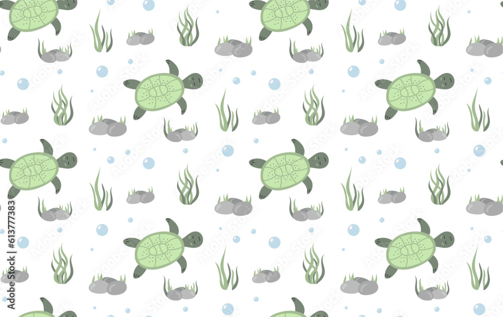 Fototapeta premium Marine seamless pattern with sea turtles, rocks and seaweed. Vector cartoon background for nursery fabric, paper, decor, toys and clothes. Cute baby illustration in pastel colors.