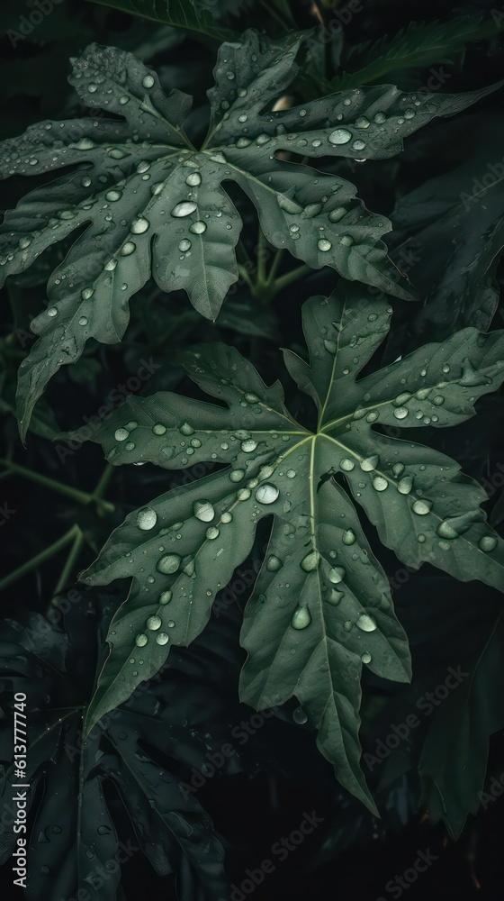 a photo of a bunch of papaya Leaf surrounded by drops of rain water generative ai a photo of a bunch of papaya Leaf surrounded by drops of rain water generative ai