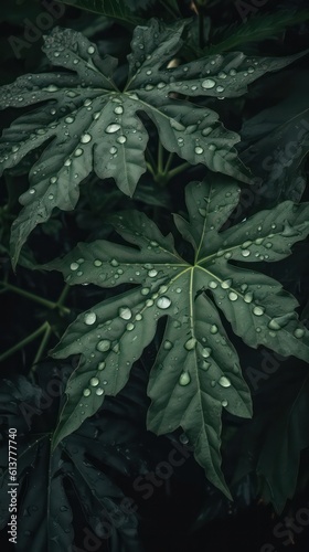  a photo of a bunch of papaya Leaf surrounded by drops of rain water generative ai