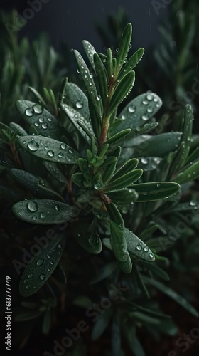 a photo of a bunch of rosemary Leaf surrounded by drops of rain water generative ai