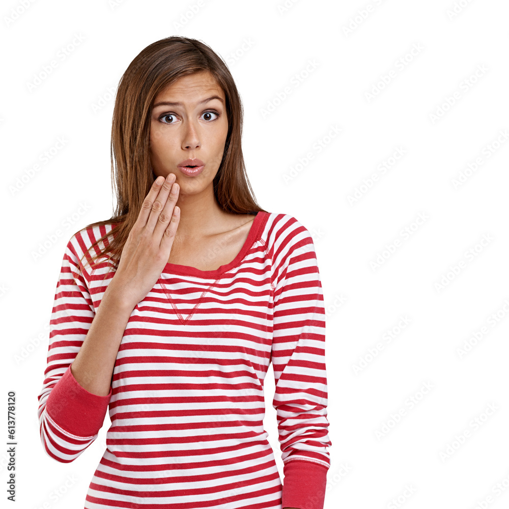 Surprise, portrait and girl is amazed with clothes in png or isolated and transparent background. Wow, hand and woman with gossip, news and confused expression for secret, rumor and shock for alert Surprise, portrait and girl is amazed with clothes in png or isolated and transparent background. Wow, hand and woman with gossip, news and confused expression for secret, rumor and shock for alert