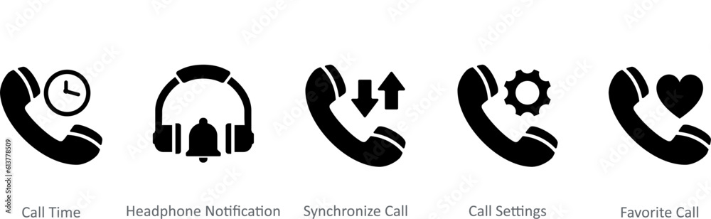 A set of 5 Contact icons as call time, headphone notification, synchronize call A set of 5 Contact icons as call time, headphone notification, synchronize call