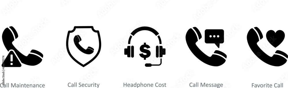 A set of 5 Contact icons as call maintenance, call security, headphone cost A set of 5 Contact icons as call maintenance, call security, headphone cost