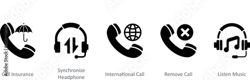 A set of 5 Contact icons as call insurance, synchronize call, international call