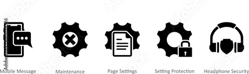 A set of 5 Contact icons as mobile message, maintenance, page settings