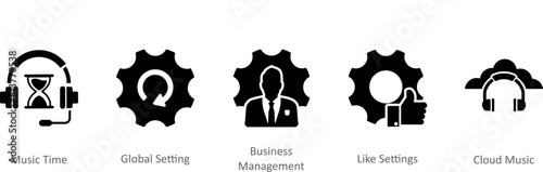 A set of 5 Contact icons as music time, global setting, business management,