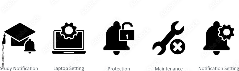 A set of 5 Contact icons as study notification, laptop setting, protection A set of 5 Contact icons as study notification, laptop setting, protection