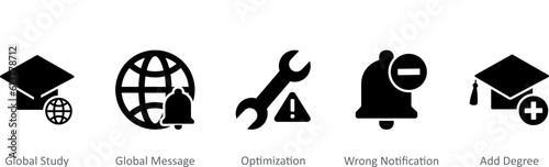 A set of 5 Contact icons as global study, global message, optimization