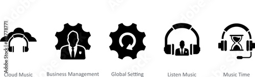 A set of 5 Contact icons as cloud music, business management, global setting