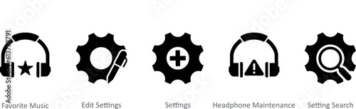 A set of 5 Contact icons as favorite music, edit settings, settings